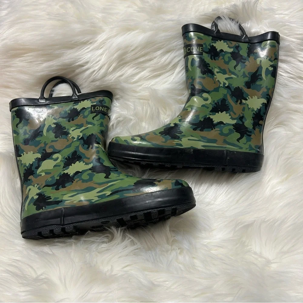 Size 4 Boys Lone Cone Dinosaur Green Rain Boots E1